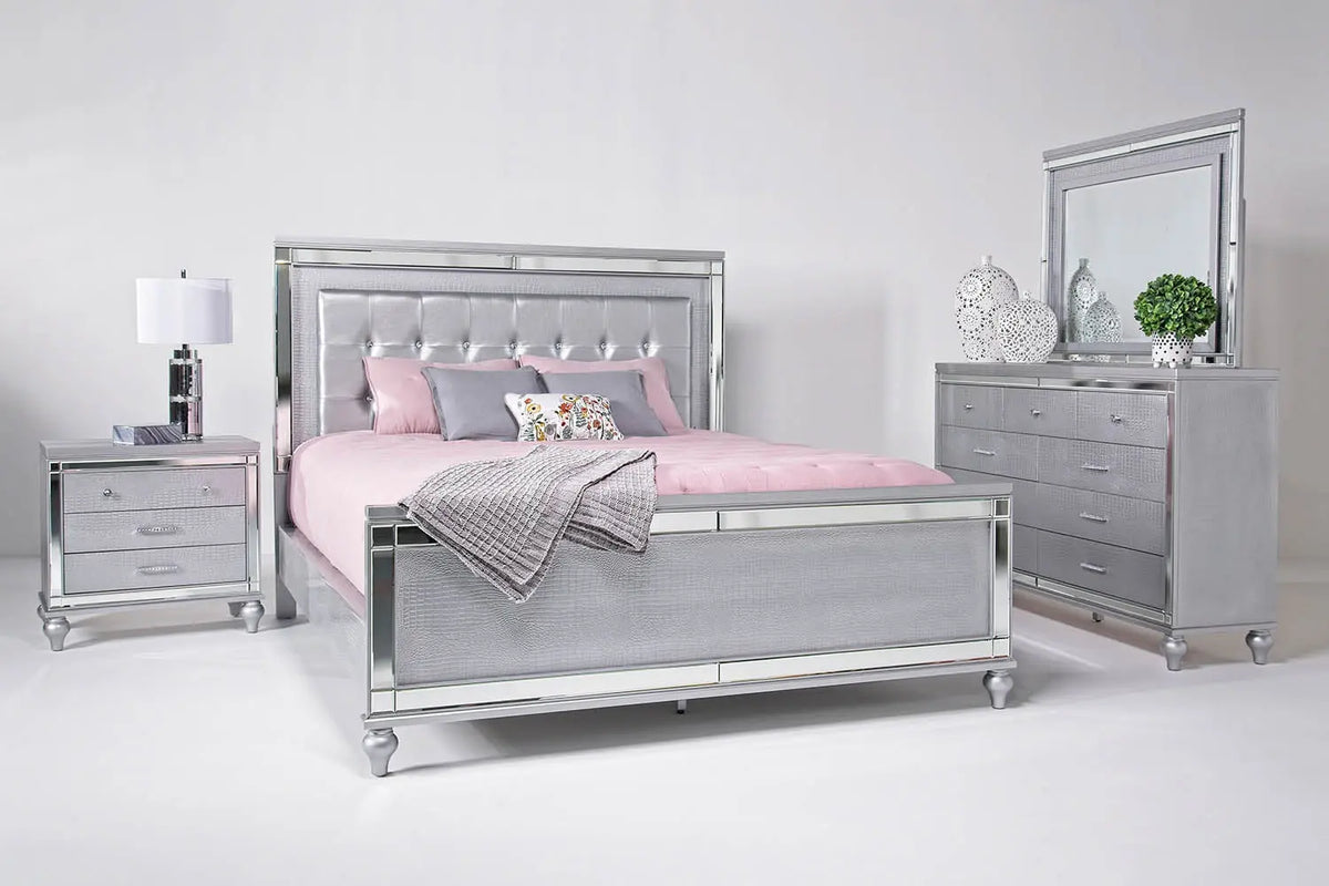 019917326:Valentino Panel Bed, Dresser, Mirror & Nightstand in Silver, Full, Image 1