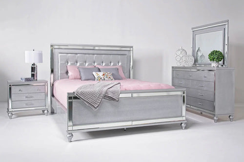 019917326:Valentino Panel Bed, Dresser, Mirror & Nightstand in Silver, Full, Image 1