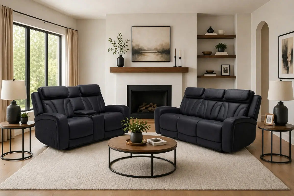 MAVERIC00: Maverick 2 Power Theather Sofa and Loveseat in Jet Black