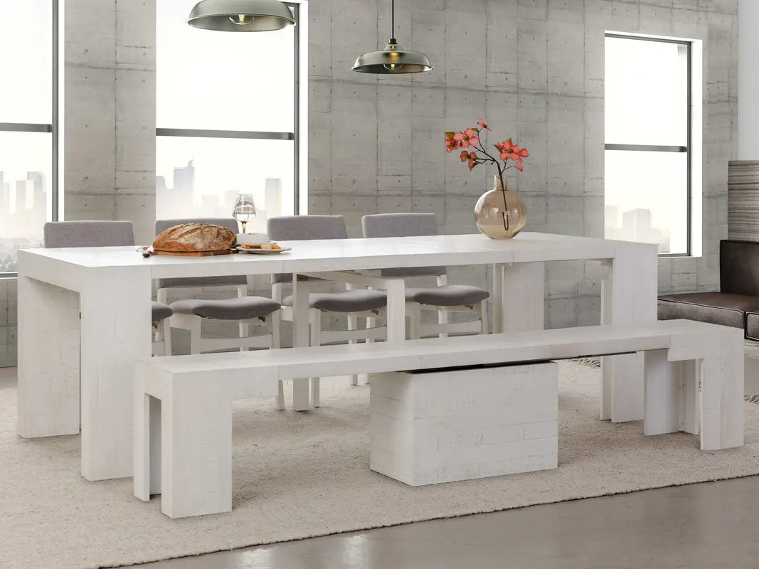 TRANSFM32:Transformer Dining Table & 4 Stackable Chairs & Bench, Styled