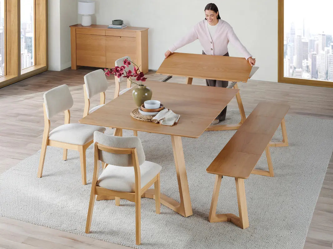 NOVADINE5:Transformer Nova Dining Table & 4 Stackable Chairs & Bench, Styled