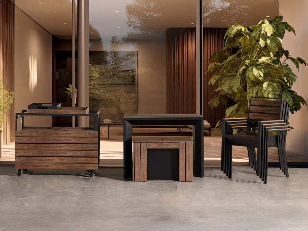 TRANSFP10:Transformer Outdoor Dining Table, 4 Chairs & Bench,