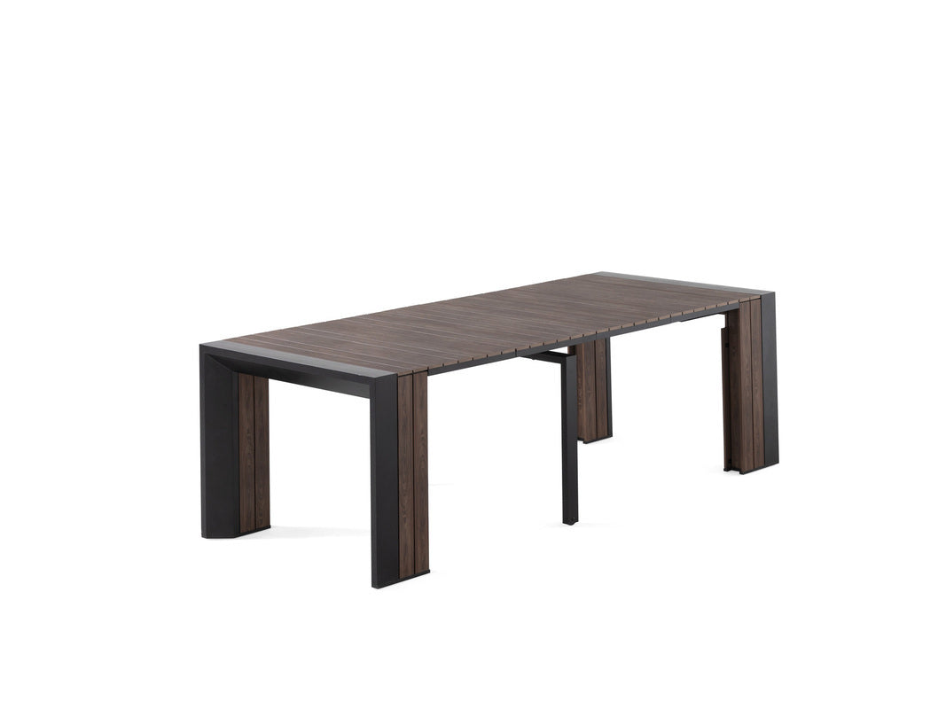 TRANSFP12:Transformer Outdoor Dining Table, 6 Chairs & Bench, Angled