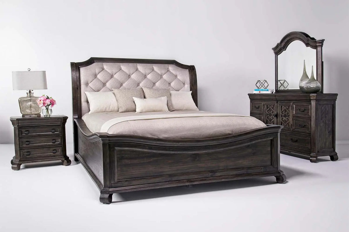 BELLSLHQ1:Bellamy Sleigh Bed, Dresser & Mirror in Charcoal, Queen, Image 1