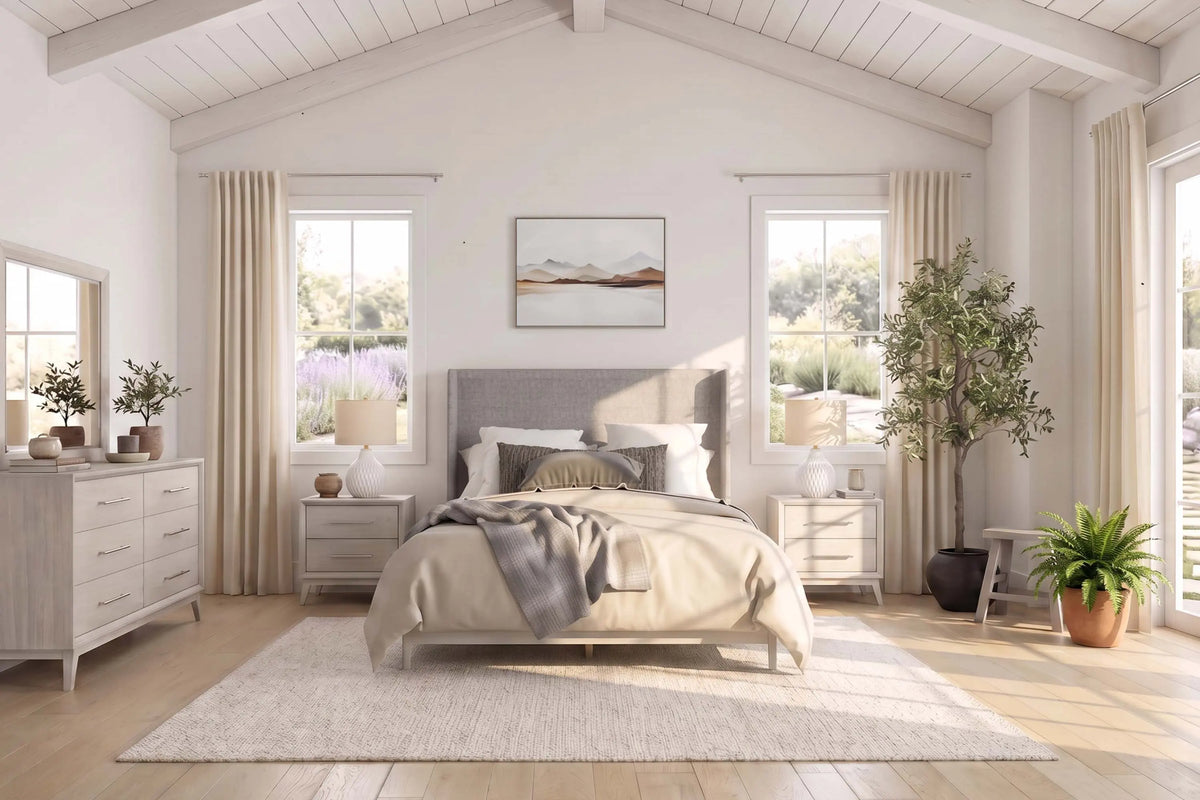 WESTLAN02:WESTLAN02:Westland Upholstered Panel Bed, Styled