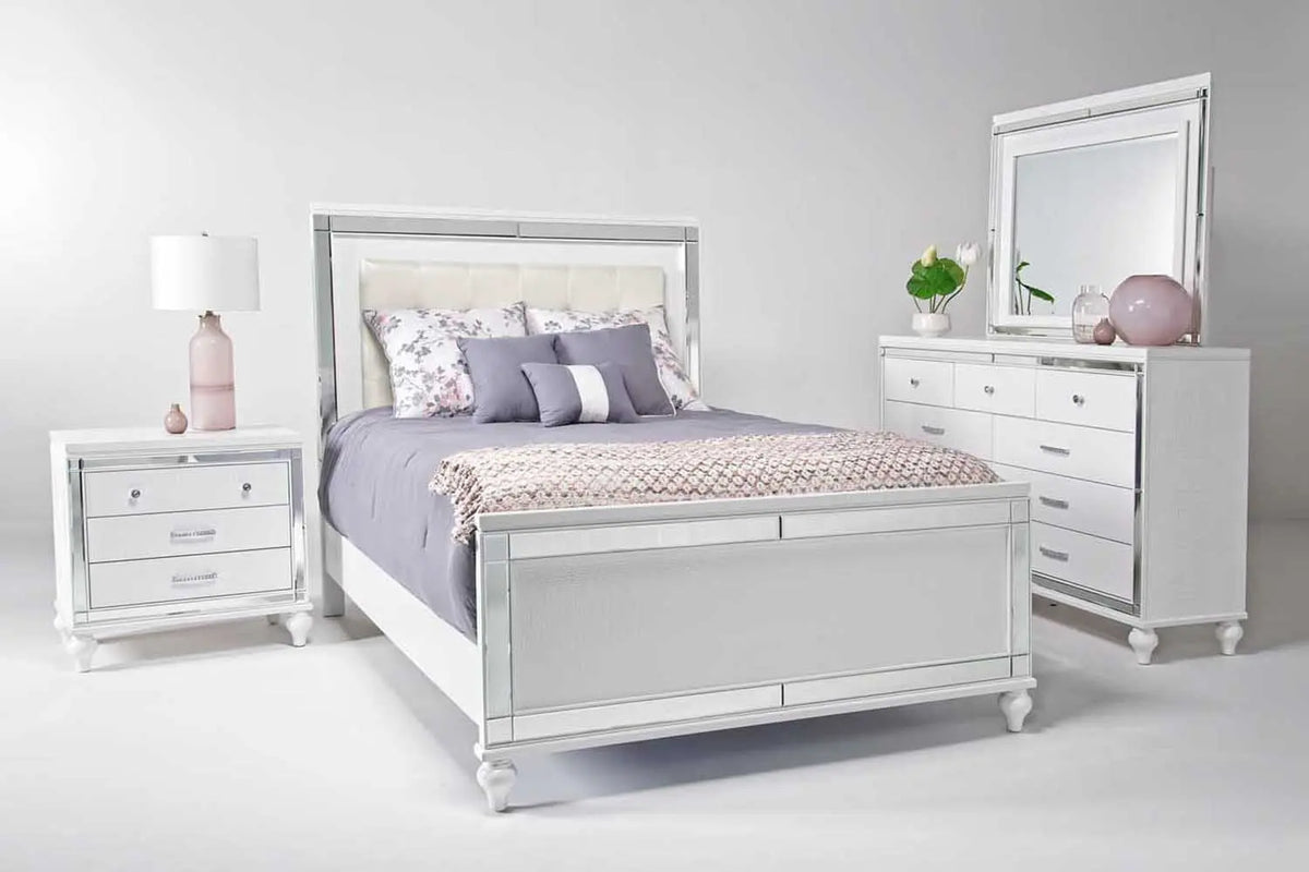 600608487:Valentino Panel Bed, Dresser, Mirror & Nightstand in White, Eastern King, Image 1